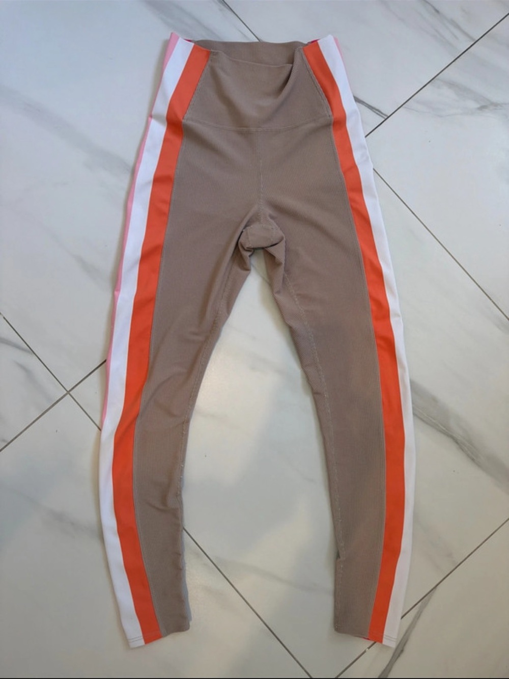 Beach Riot Taupe Leggings with Orange & White Side Stripes